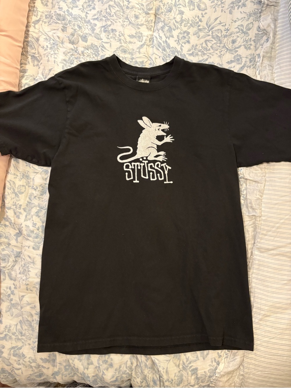 Stussy Black Tee with White Logo Tag and Graphic - Picture 2 of 3